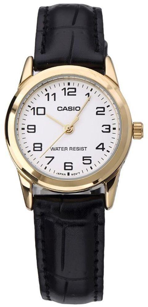 Casio Women's Fashion White Dial Gold Case Leather Strap Watch