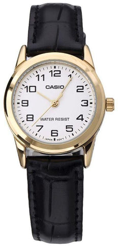 Casio Women's Fashion White Dial Gold Case Leather Strap Watch