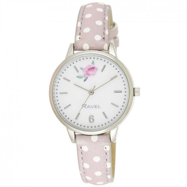 Ravel Ladies Floral Polka Dot Faux Leather Strap Watch