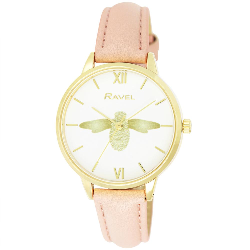 Ravel Women's Moth Design Dial Pink Leather Strap Watch
