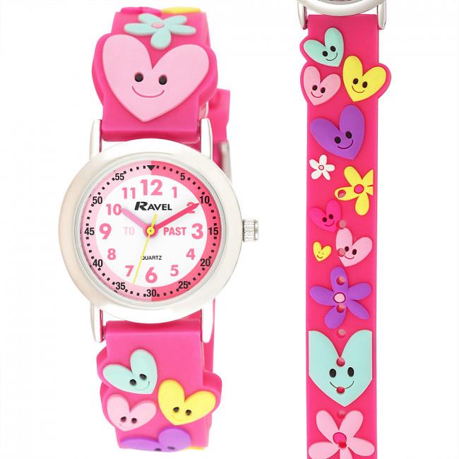 Kids Cartoon Time Teacher Watch Multi Color Hearts and Flowers