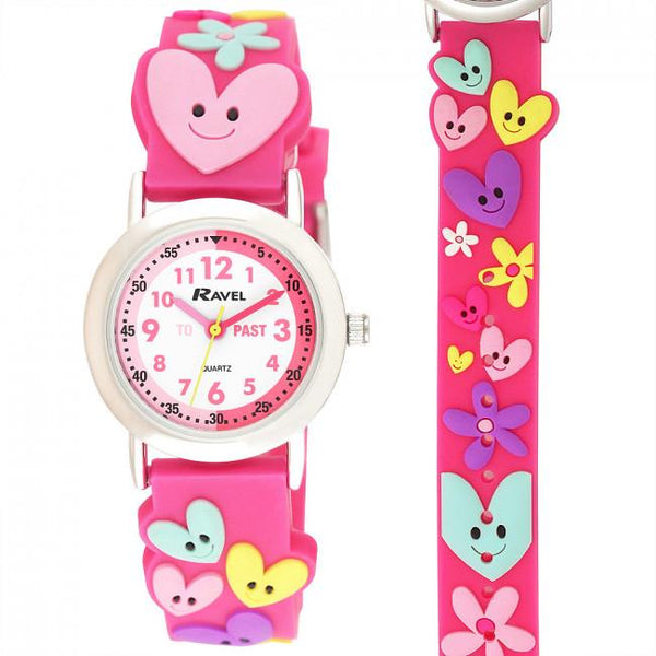 Kids Cartoon Time Teacher Watch Multi Color Hearts and Flowers