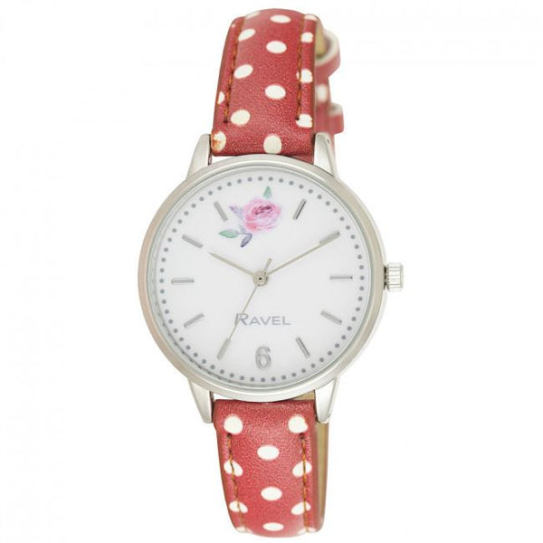 Ravel Ladies Floral Polka Dot Faux Leather Strap Watch