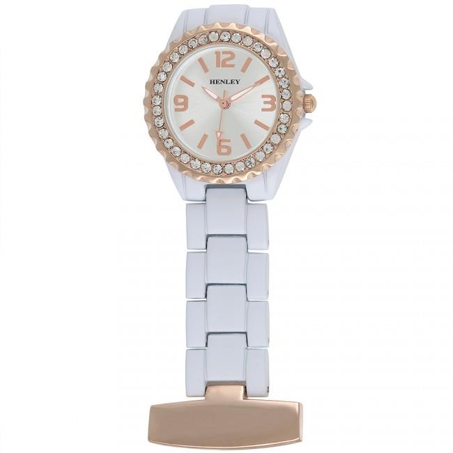 Henley Glamour Rose Gold White Enamel Link Beauticians Fob Watch