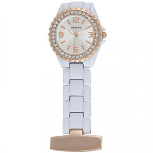 Henley Glamour Rose Gold White Enamel Link Beauticians Fob Watch