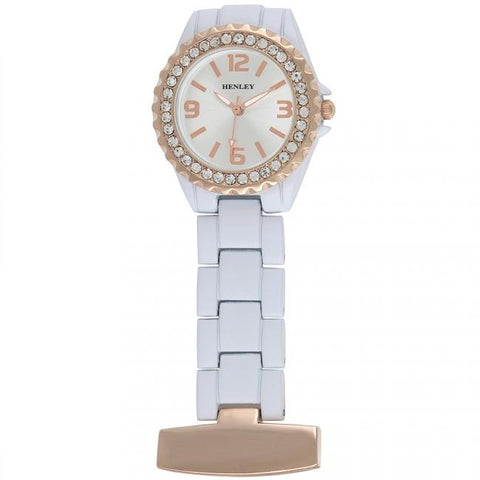 Henley Glamour Rose Gold White Enamel Link Beauticians Fob Watch