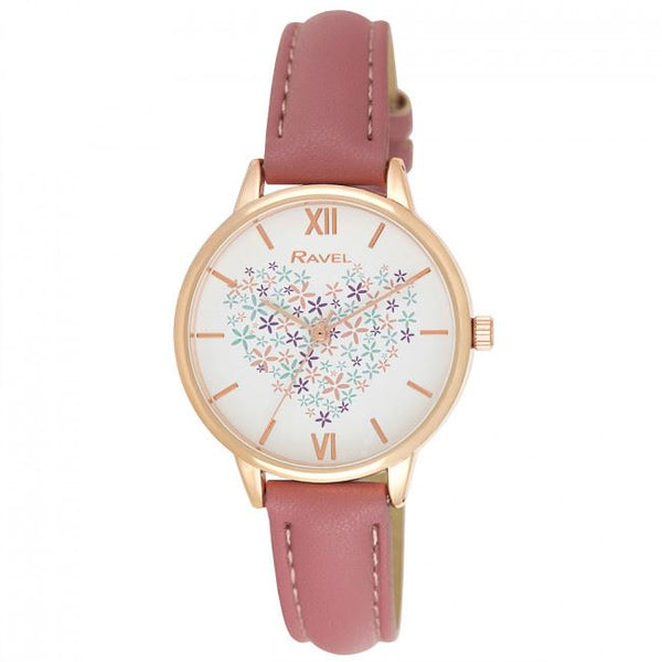 Ravel Ladies Heart Bouquet Faux Leather Strap Watch White