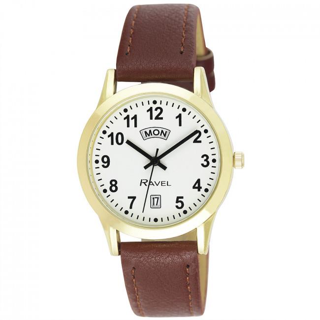 Ravel Gents Gilt Day/Date Brown Faux Leather Strap Watch