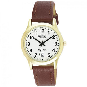Ravel Gents Gilt Day/Date Brown Faux Leather Strap Watch