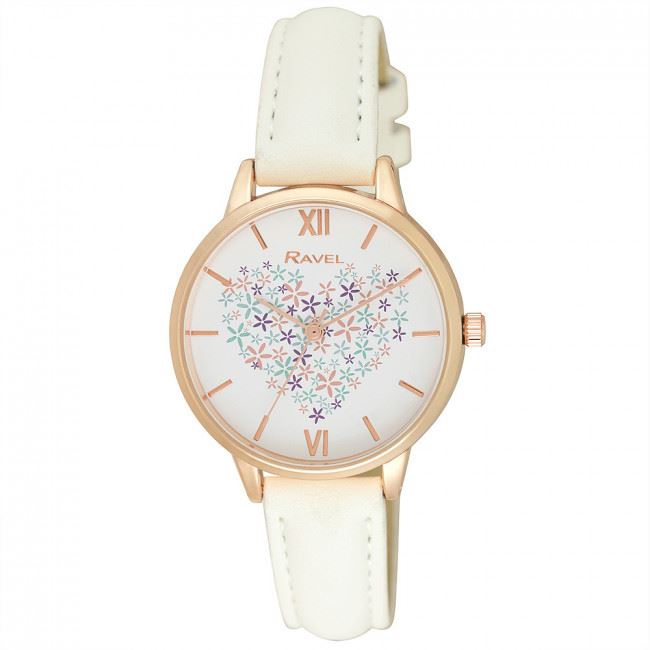 Ravel Ladies Heart Bouquet Faux Leather Strap Watch White