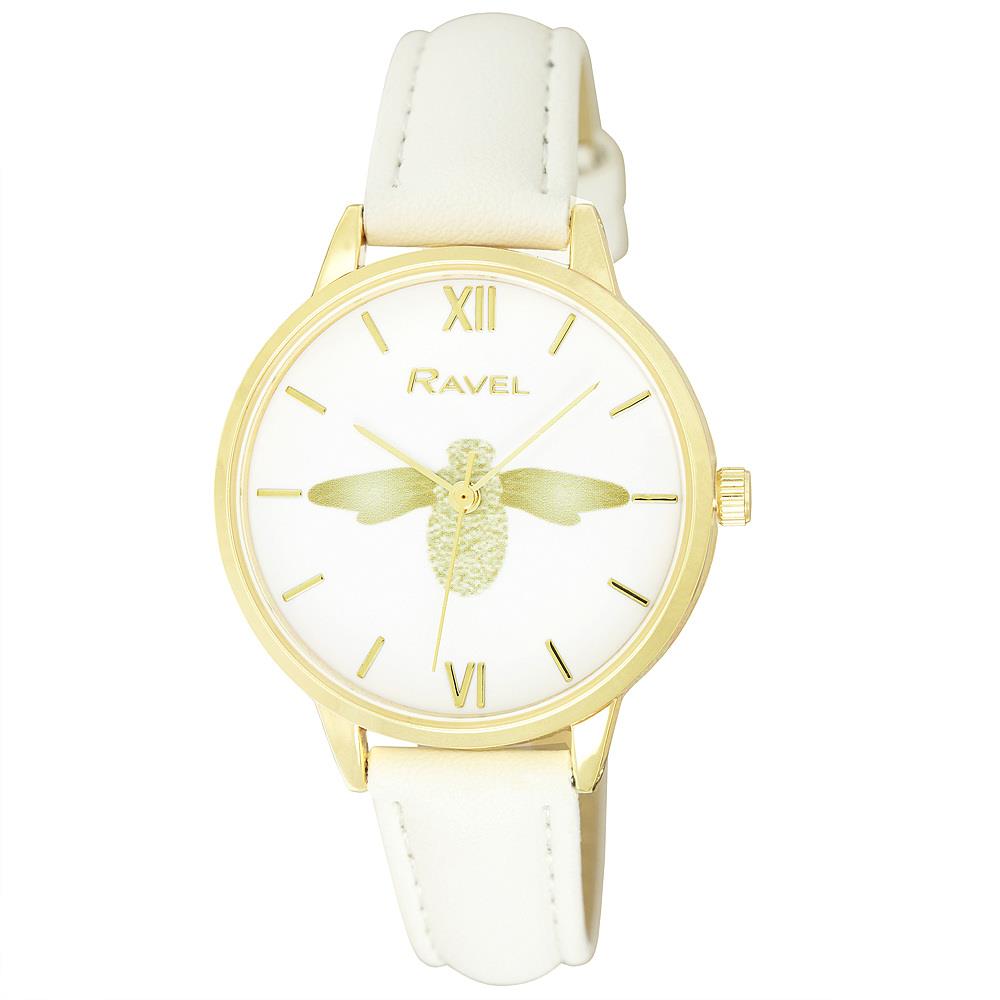 Ravel Women's Moth Design Dial White Leather Strap Watch