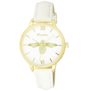 Ravel Women's Moth Design Dial White Leather Strap Watch