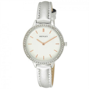 Henley Ladies Contemporary Diamante Leather Strap Watch-Silver