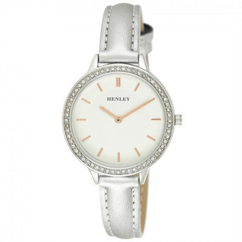 Henley Ladies Contemporary Diamante Leather Strap Watch-Silver