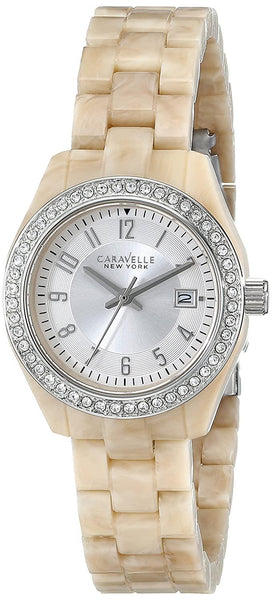 Caravelle Women's Quartz Crystal Accent Date Ivory Plastic 28mm Watch
