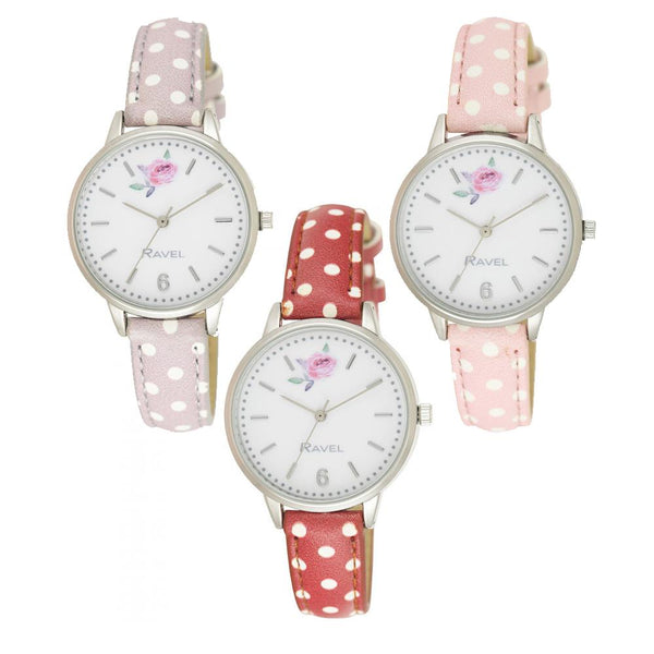 Ravel Ladies Floral Polka Dot Faux Leather Strap Watch