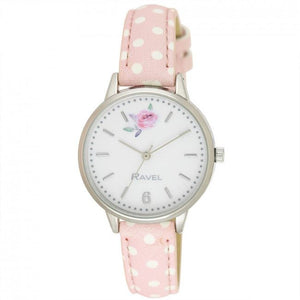 Ravel Ladies Floral Polka Dot Faux Leather Strap Watch