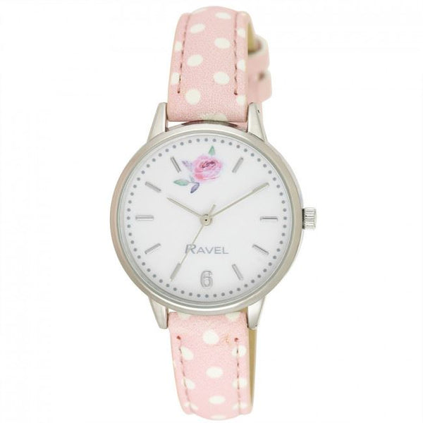 Ravel Ladies Floral Polka Dot Faux Leather Strap Watch