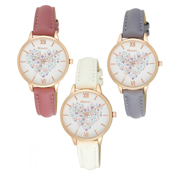 Ravel Ladies Heart Bouquet Faux Leather Strap Watch White
